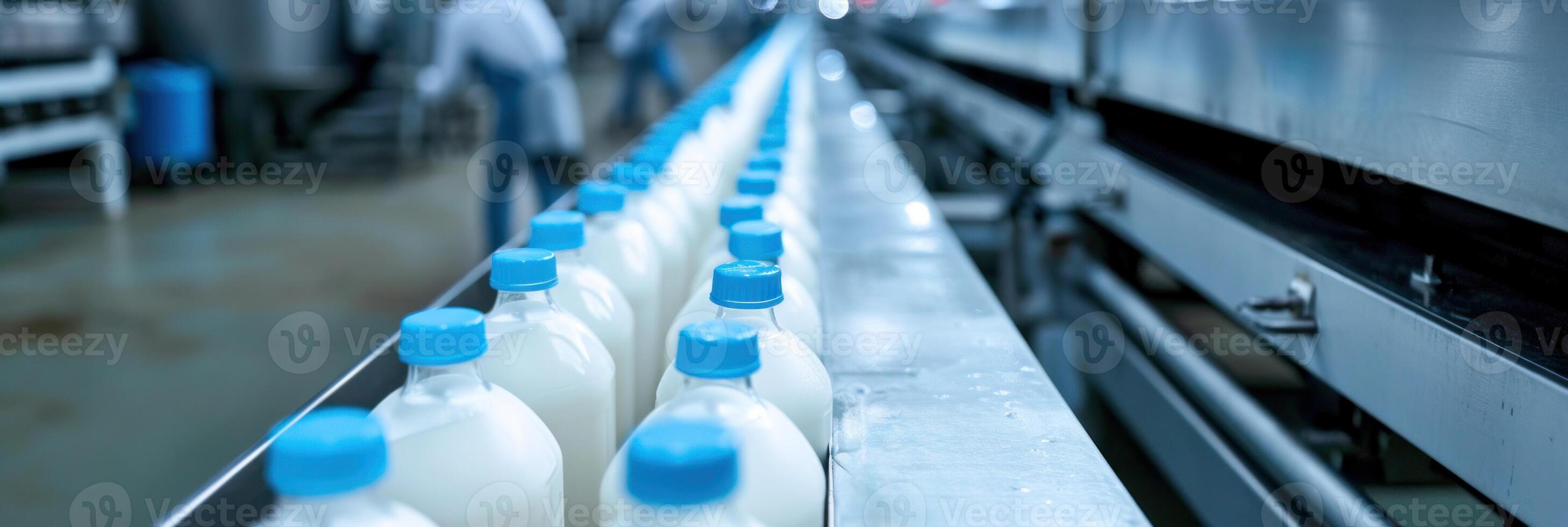 AI Generated Rows of milk bottles on a conveyor belt in a modern dairy processing plant. Copy space. photo