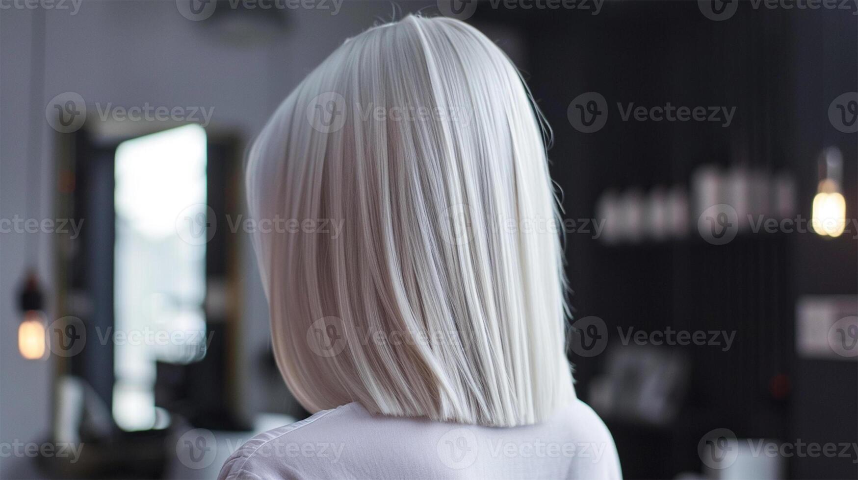 AI Generated Woman showcasing a stylish platinum bob cut at a modern salon.Chic Platinum Bob Hairstyle photo