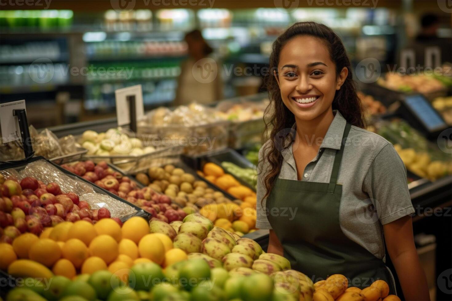 AI Generated  A smiling grocery store employee stands before a fruit display, highlighting fresh produce and customer service. photo