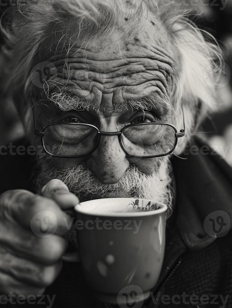 AI Generated An elderly man with glasses drinking a cup of coffee, his face depicting a map of a complex life path. photo