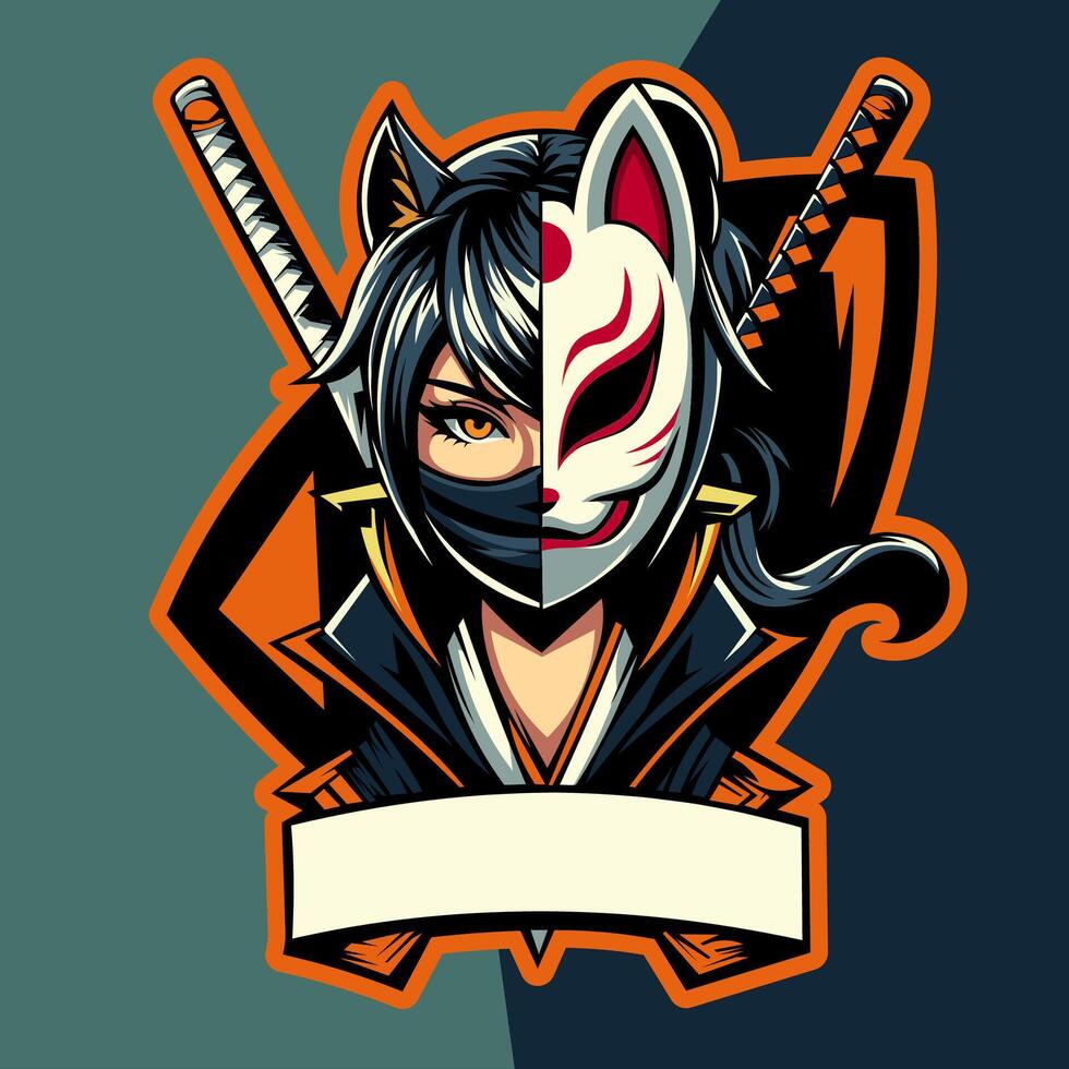 Girl ninja character esport logo. kitsune mask mascot logo design vector with modern illustration concept style for badges, emblems and esports teams.