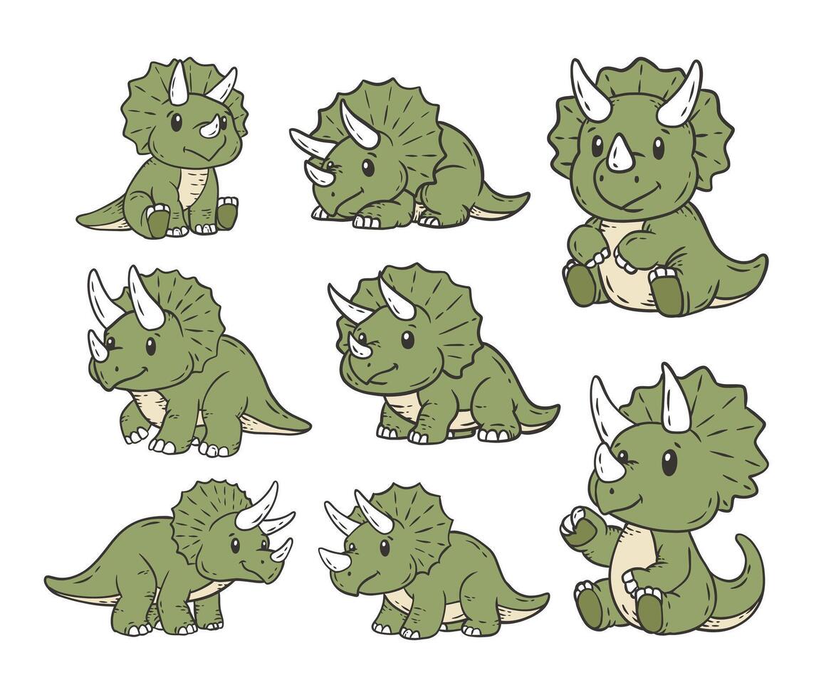 linda dinosaurios triceratops dibujos animados vector garabatear estilo ilustración