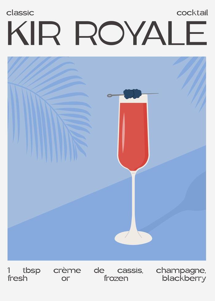 Kir Royale Cocktail with champagne in flute glass garnish with blackberry. Classic alcoholic beverage recipe modern print. Summer french aperitif. Contemporary poster for bar menu. Vector illustration