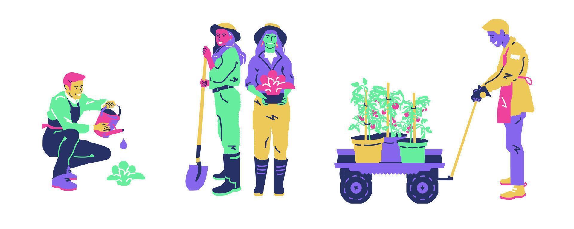 People gardening. Watering plant, transporting pots, women planting flowers. Organic growing. Agriculture gardener hobby and garden job. Flat cartoon vector illustration isolated on white background.