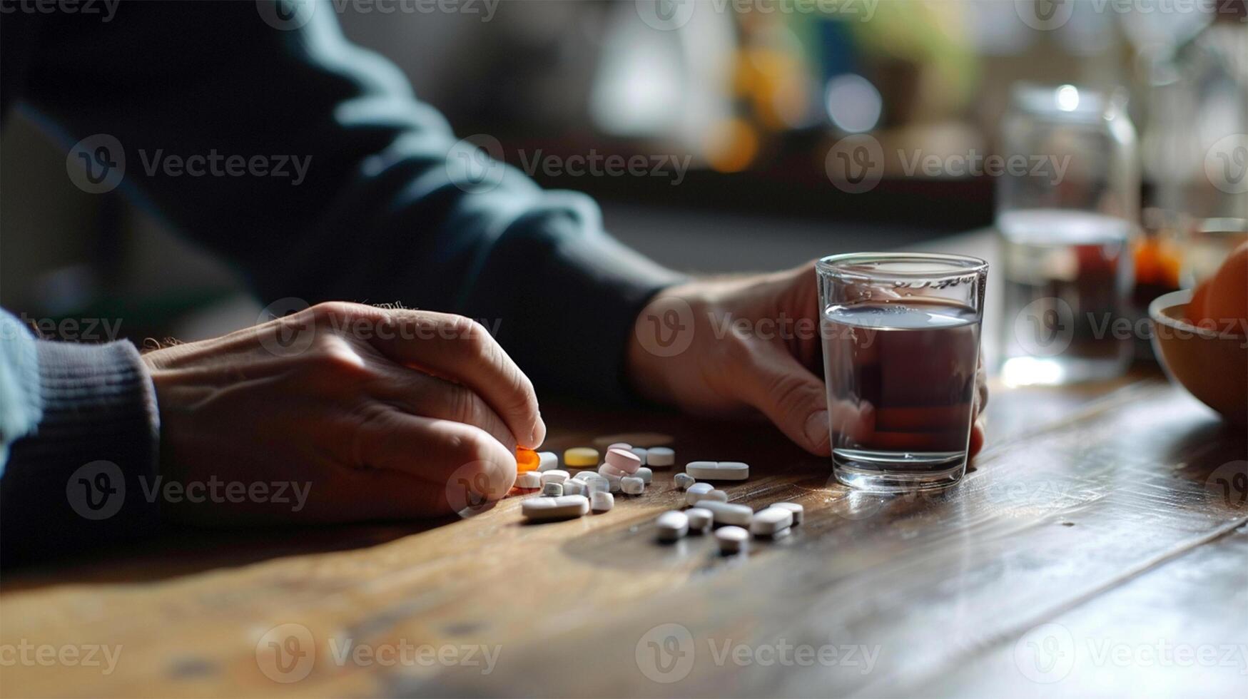 AI Generated Close-up of hands sorting various pills with a glass of water, focused on daily health management. photo