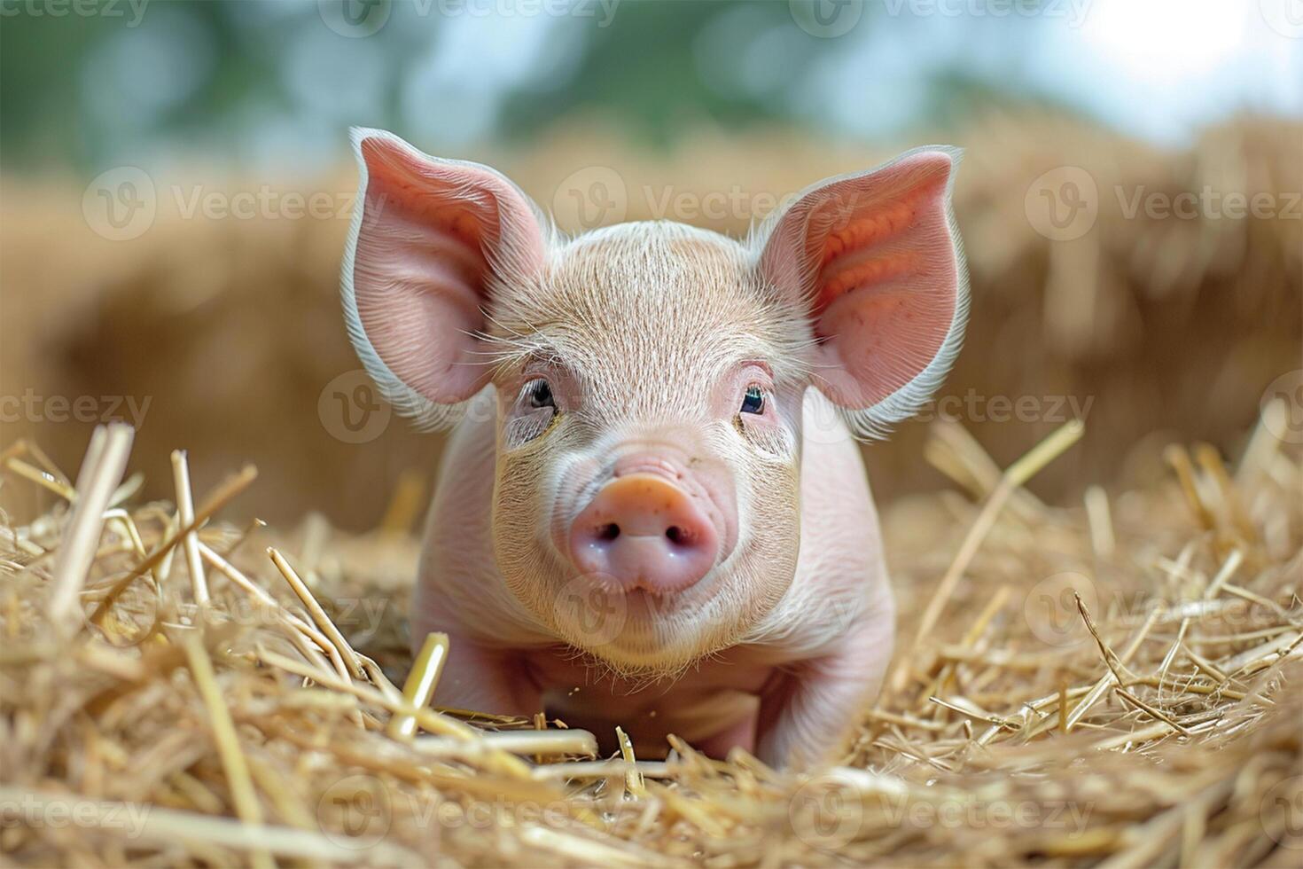 AI Generated An adorable piglet lies comfortably on a straw bed, gazing curiously with innocent eyes. photo