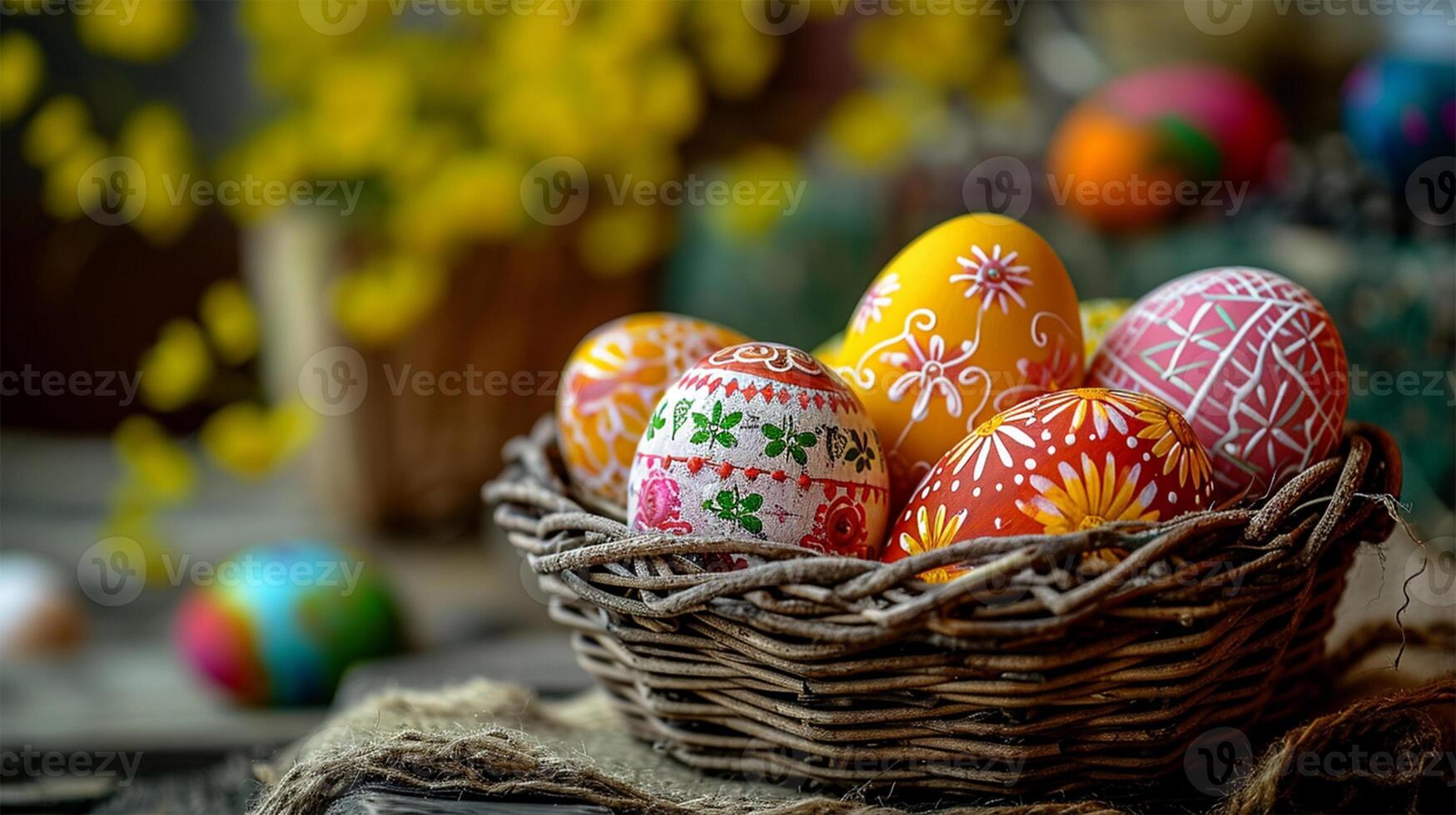 AI Generated  Vibrantly painted Easter eggs nestled in a rustic basket. photo