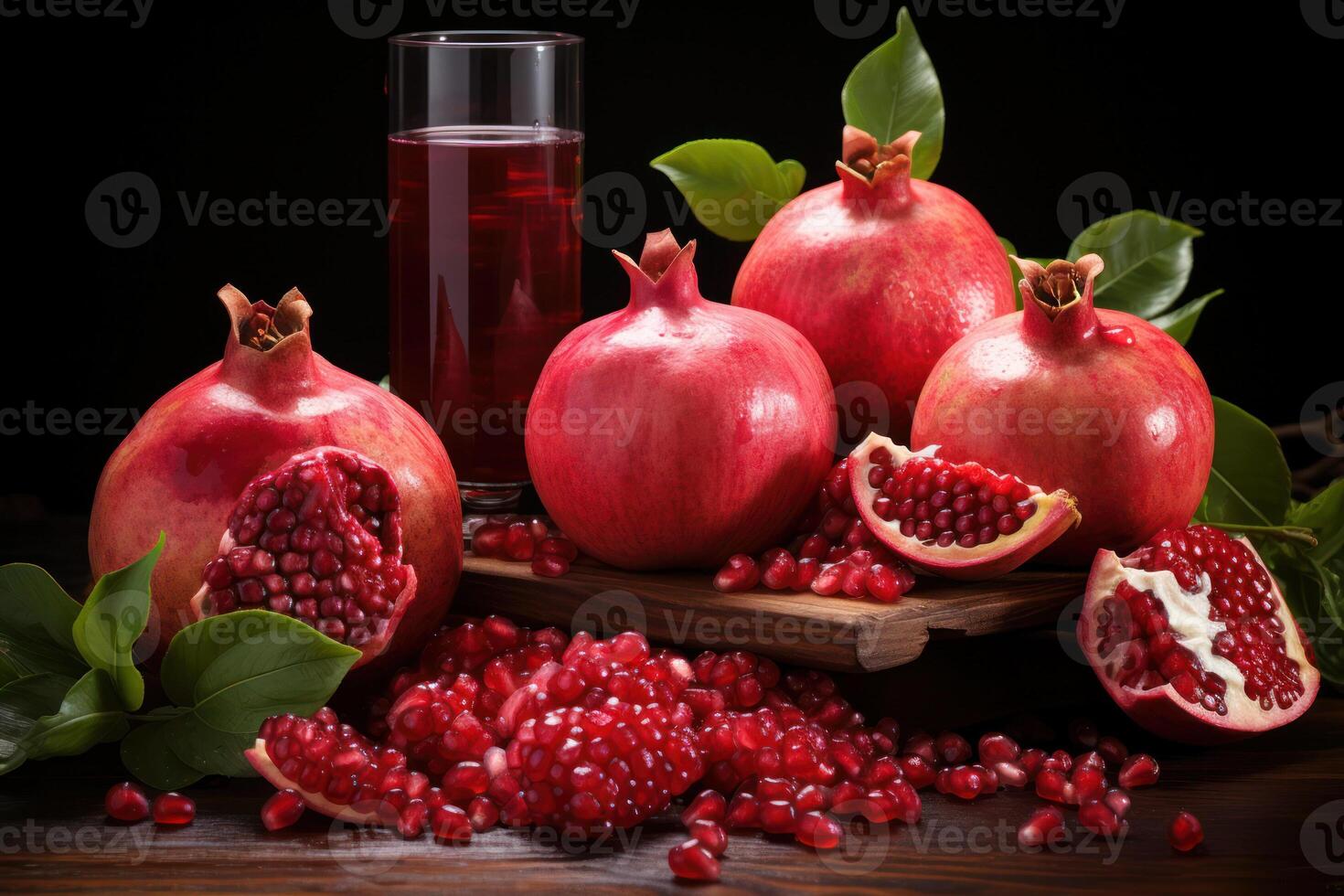 AI Generated  Fresh pomegranates with vibrant seeds displayed with a glass of juice, showcasing the fruit's rich colors and textures. photo