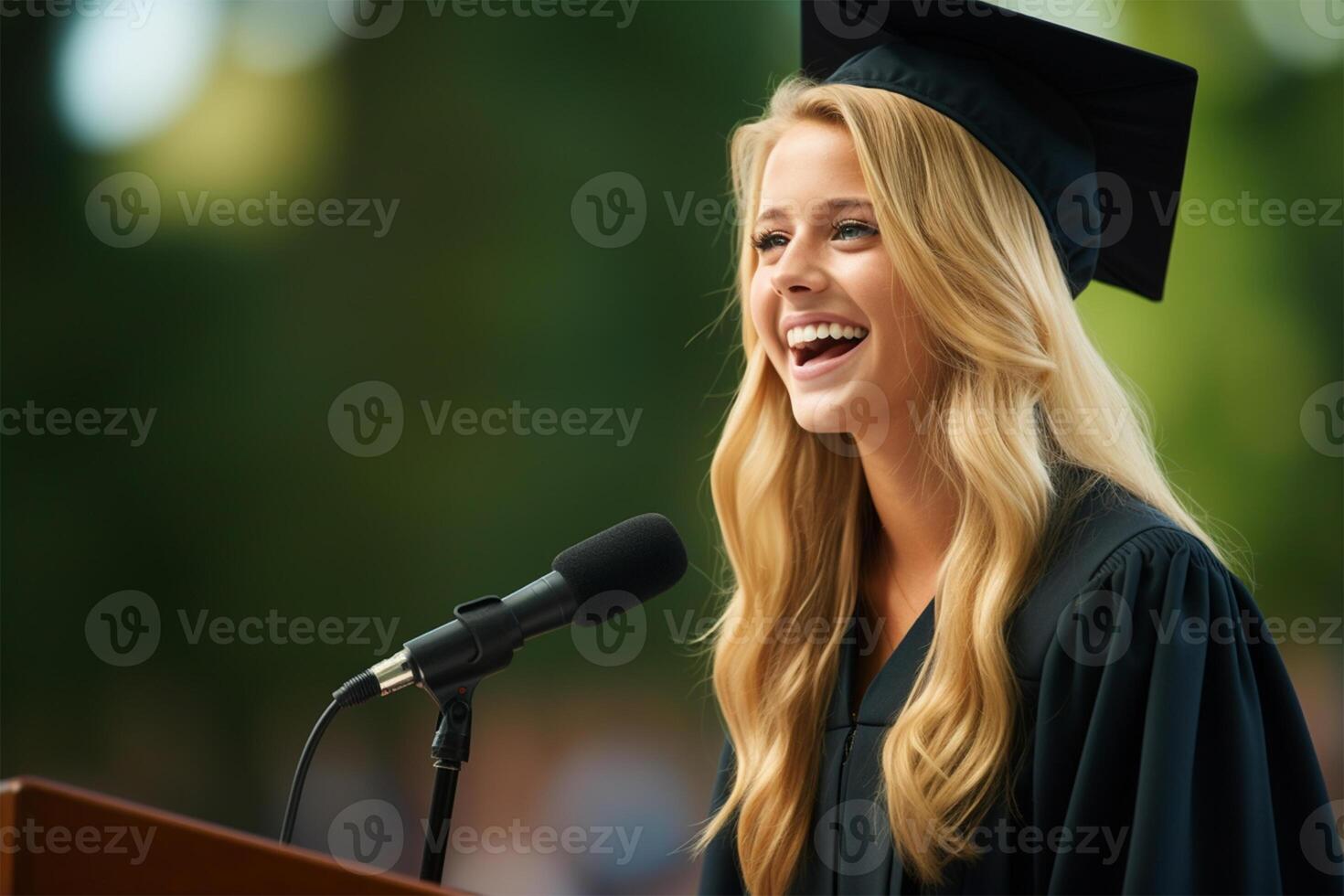 AI Generated A smiling female graduate delivering a speech at a podium, outdoors with a green backdrop. photo