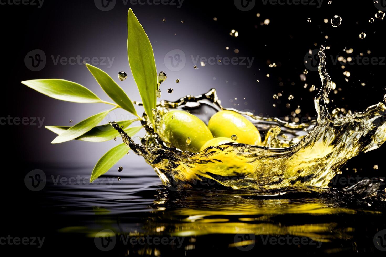 AI Generated Olive branches with ripe olives splashing into golden oil, capturing the essence of Mediterranean flavor.Illustrating culinary websites or healthy eating campaigns. photo