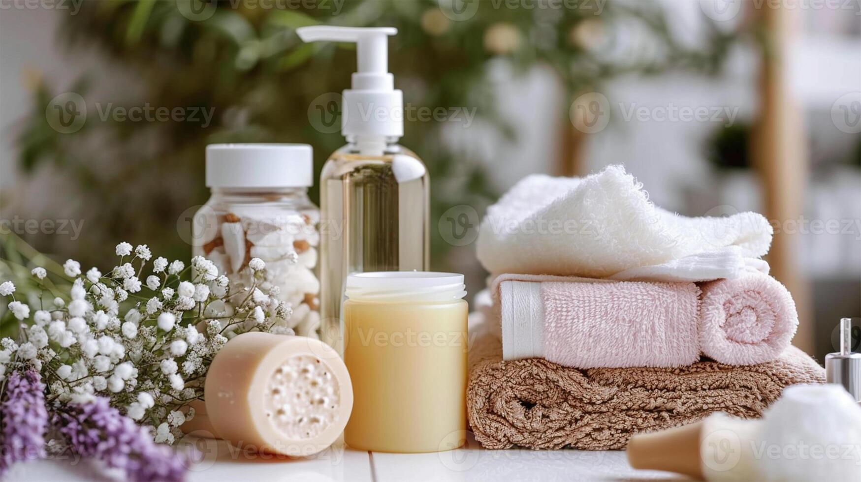 AI Generated  Spa essentials with flowers on neutral backdrop. photo