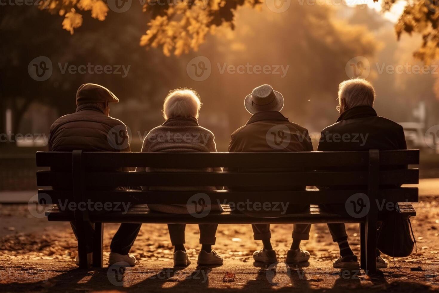 ai generado cuatro mayor personas sentar en un parque banco, silueta en contra un otoño fondo, un escena de amistad y contemplación. foto