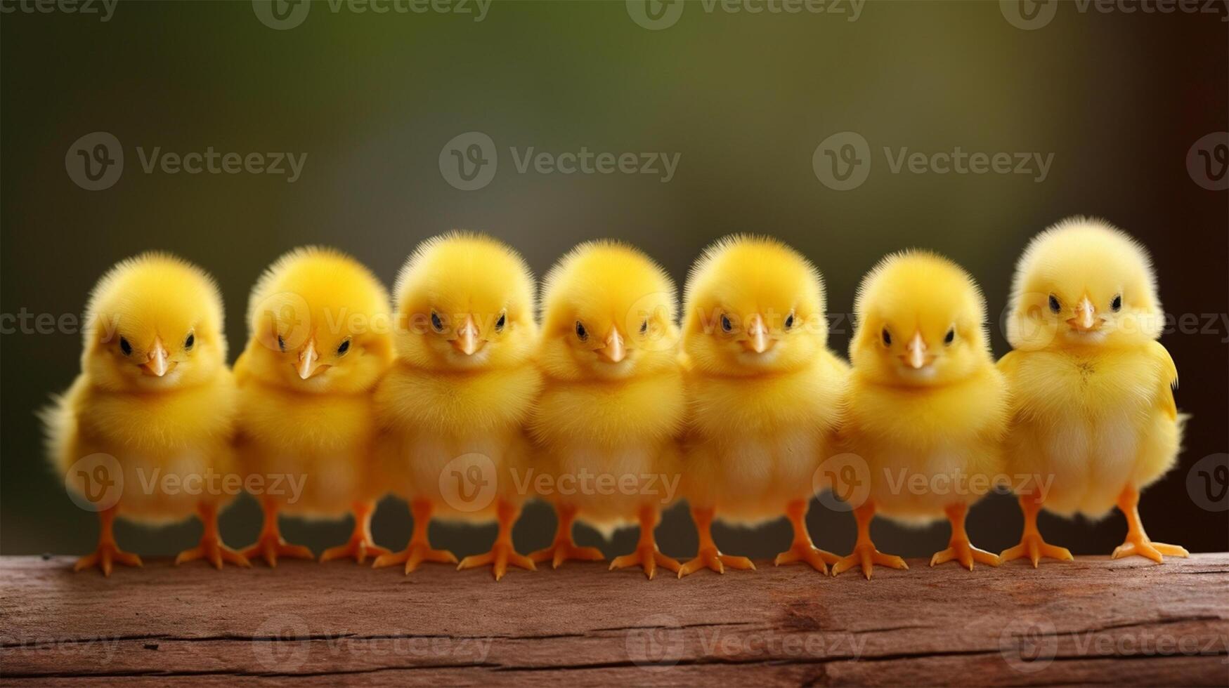 ai generado adorable pollos forrado arriba en un de madera tablero. Copiar espacio foto