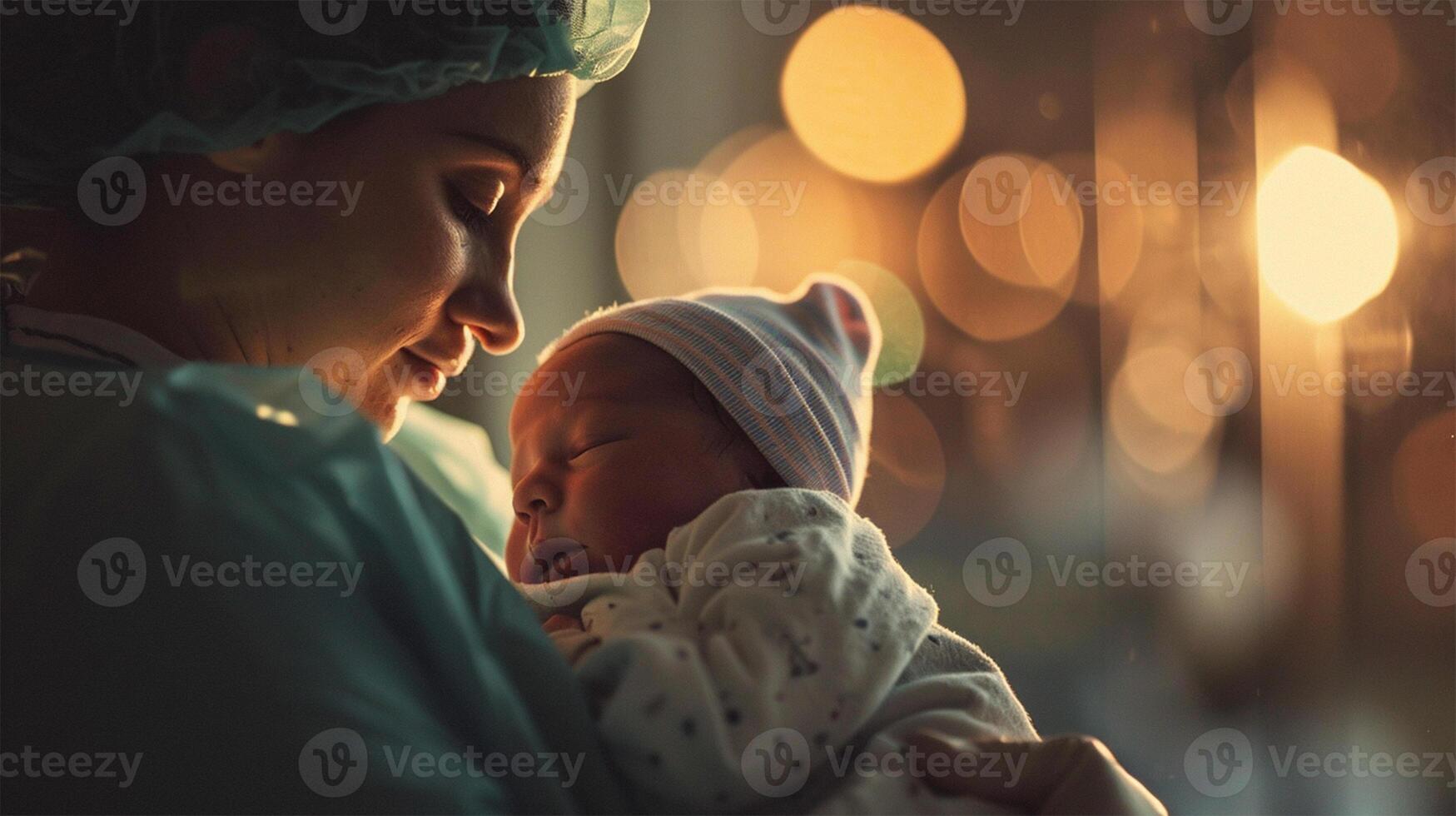 AI Generated A soft-focus shot captures a serene moment as a medical worker cradles a newborn in a hat.Newborn's First Gentle Embrace. photo