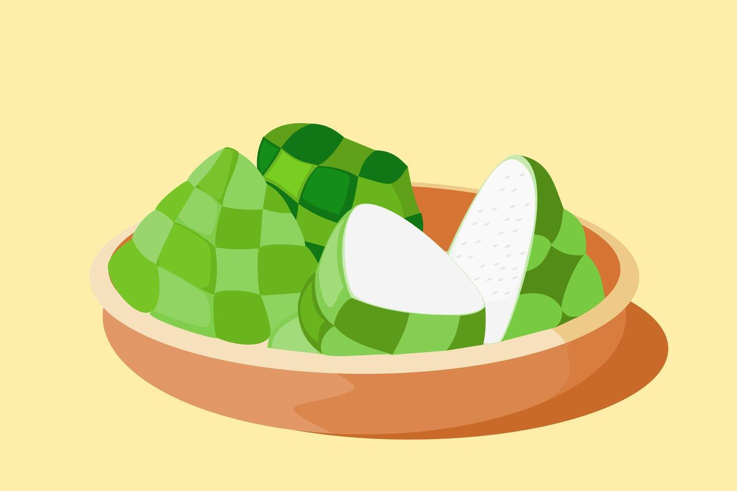 ilustración de tradicional indonesio arroz pastel o ketupat en marrón cuenco con plano diseño estilo vector