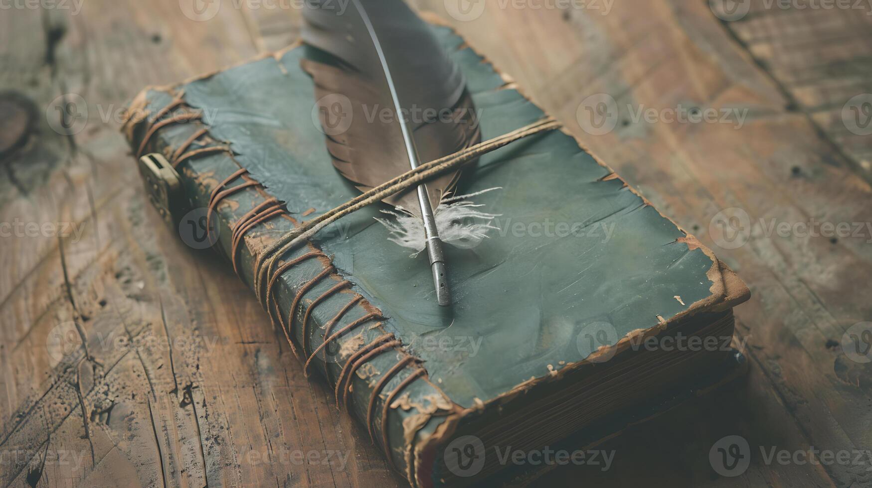 AI generated Classic Leather Journal with Feather Pen on Rough Wooden Table photo