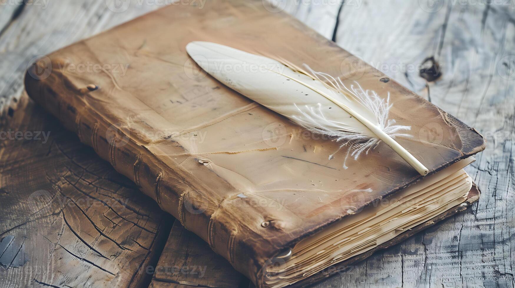 AI generated Vintage Book and Quill on Wooden Surface photo