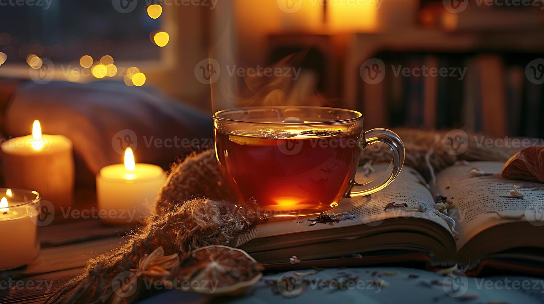 ai generado calentar té hora ambiente con libro y velas foto