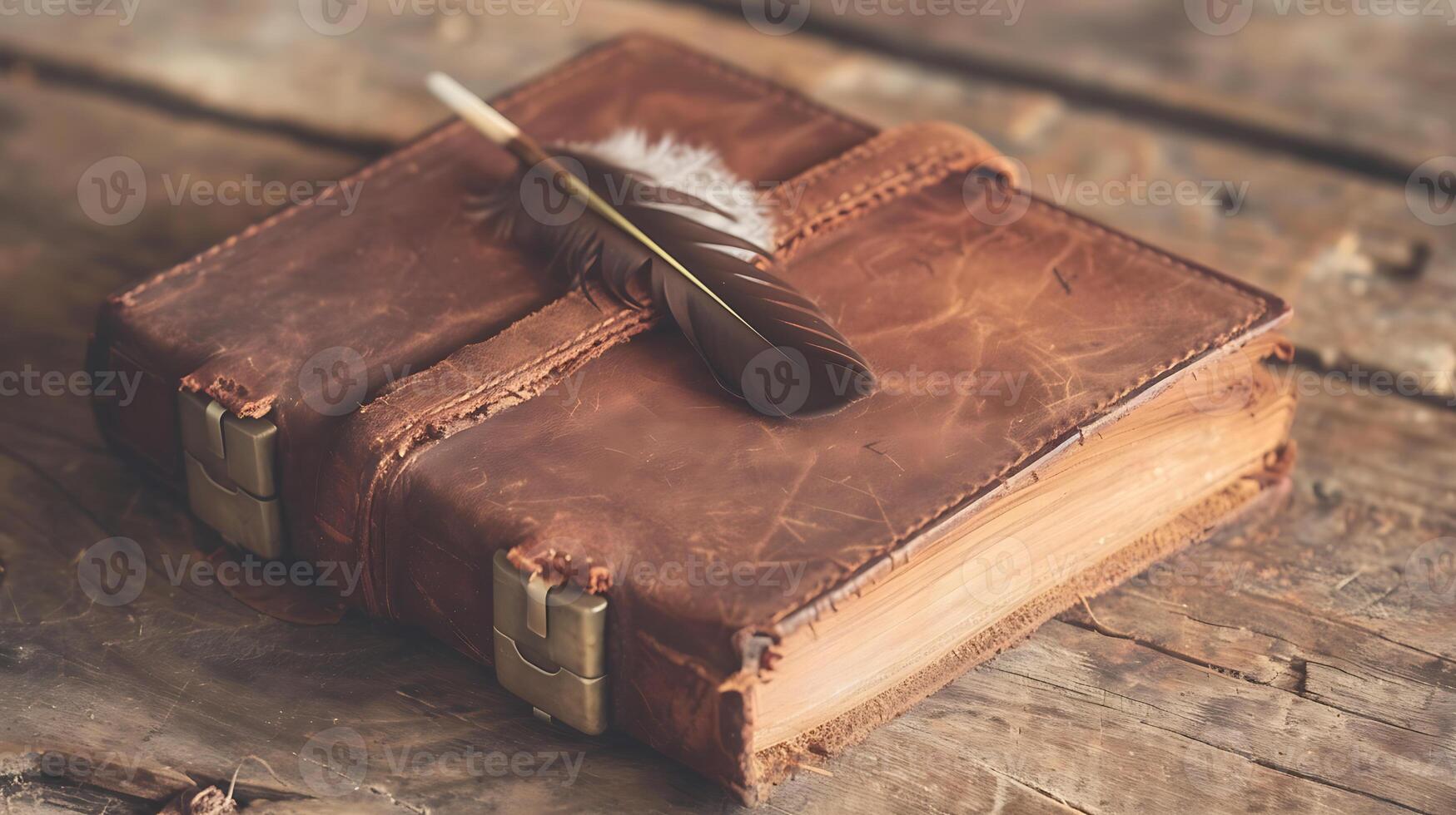 AI generated Vintage Leather Bound Book with Feather Quill on Wooden Surface photo