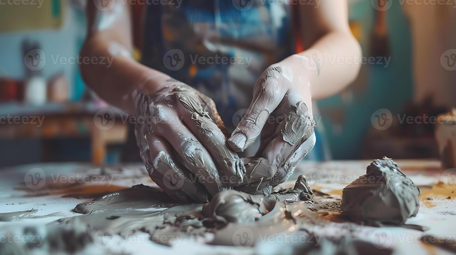 AI generated Potter's Hands Molding Clay on Workshop Table photo