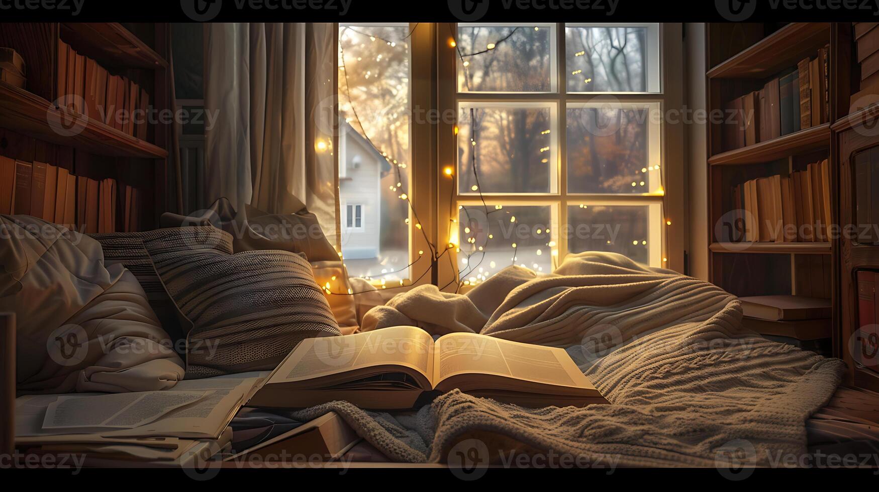 AI generated Warm Sunset Light on Book in Home Library photo