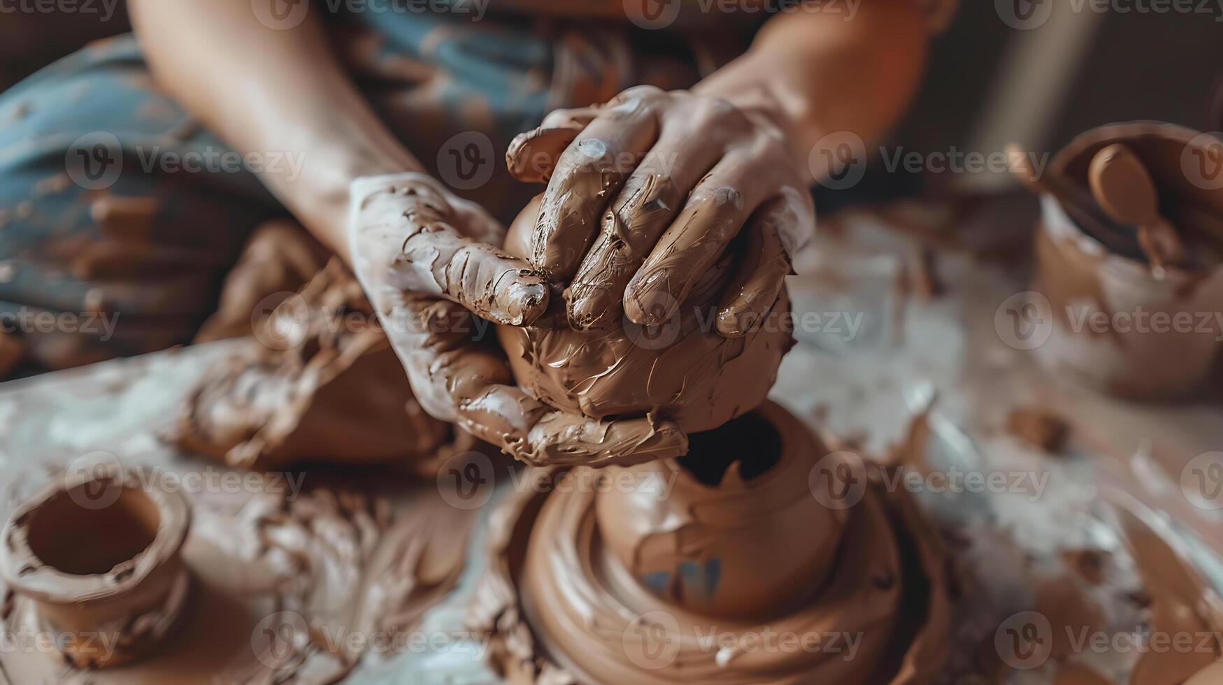 AI generated CloseUp of Potter's Hands Shaping Clay on Wheel photo