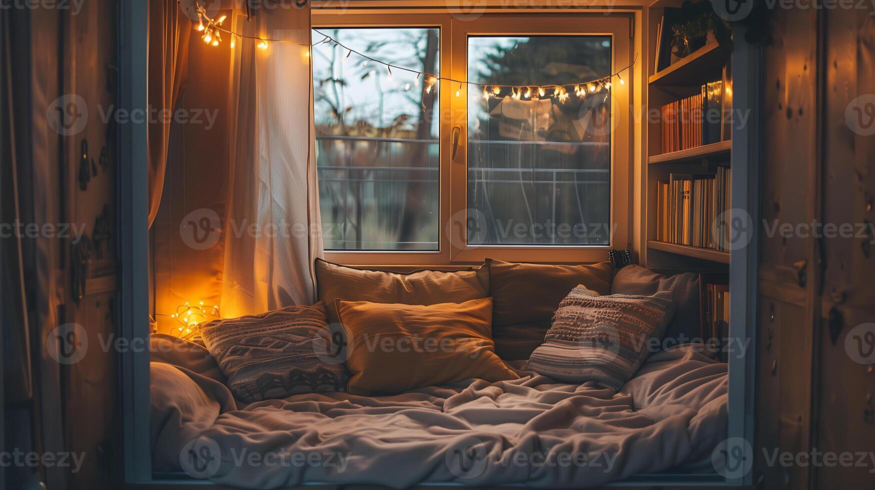 AI generated Cozy Reading Space with String Lights by Window photo