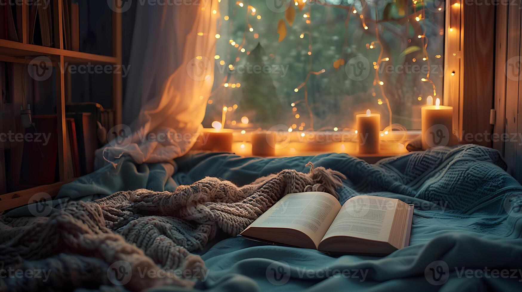 AI generated Cozy Reading Nook with Open Book and Fairy Lights photo