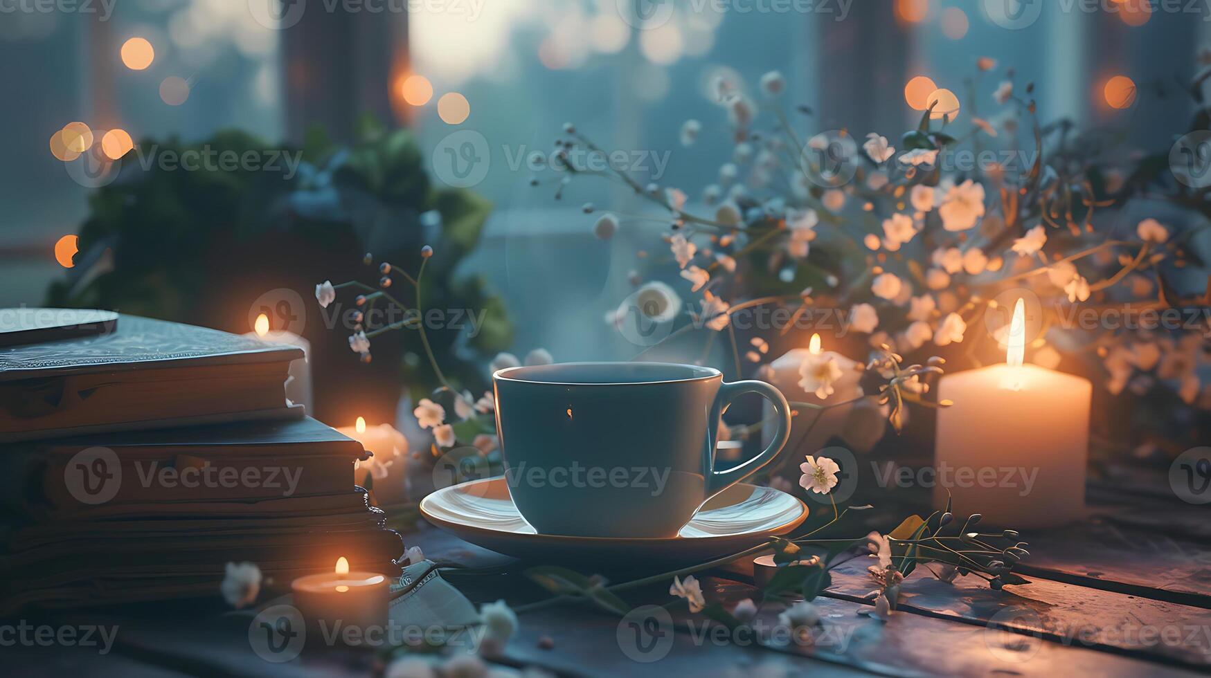 ai generado acogedor noche té hora con libros y velas foto