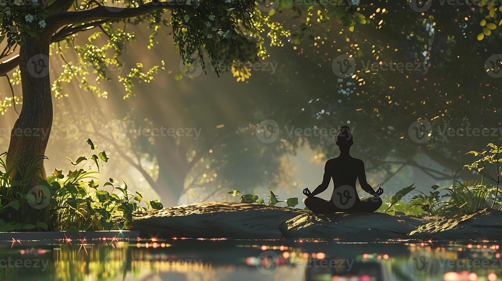 ai generado tranquilo meditación por el lago a amanecer foto