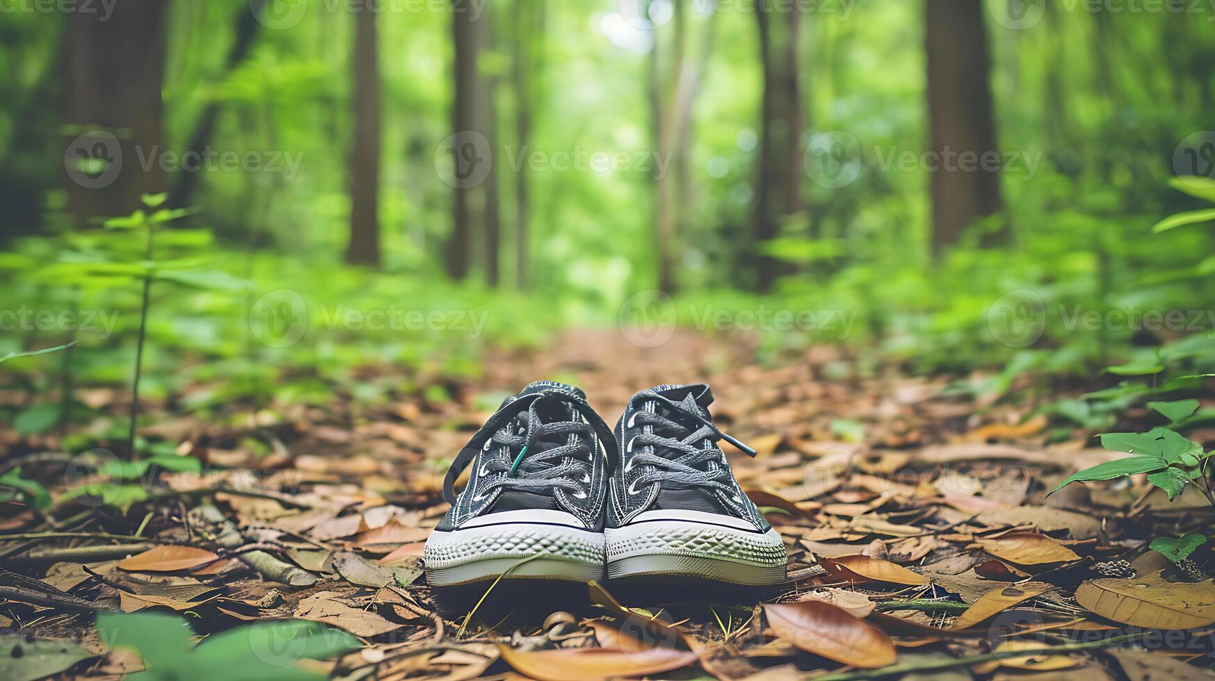 ai generado negro zapatillas en bosque sendero foto