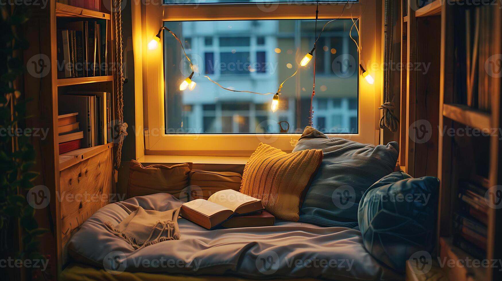 AI generated Inviting Window Seat Reading Nook with Book and String Lights photo