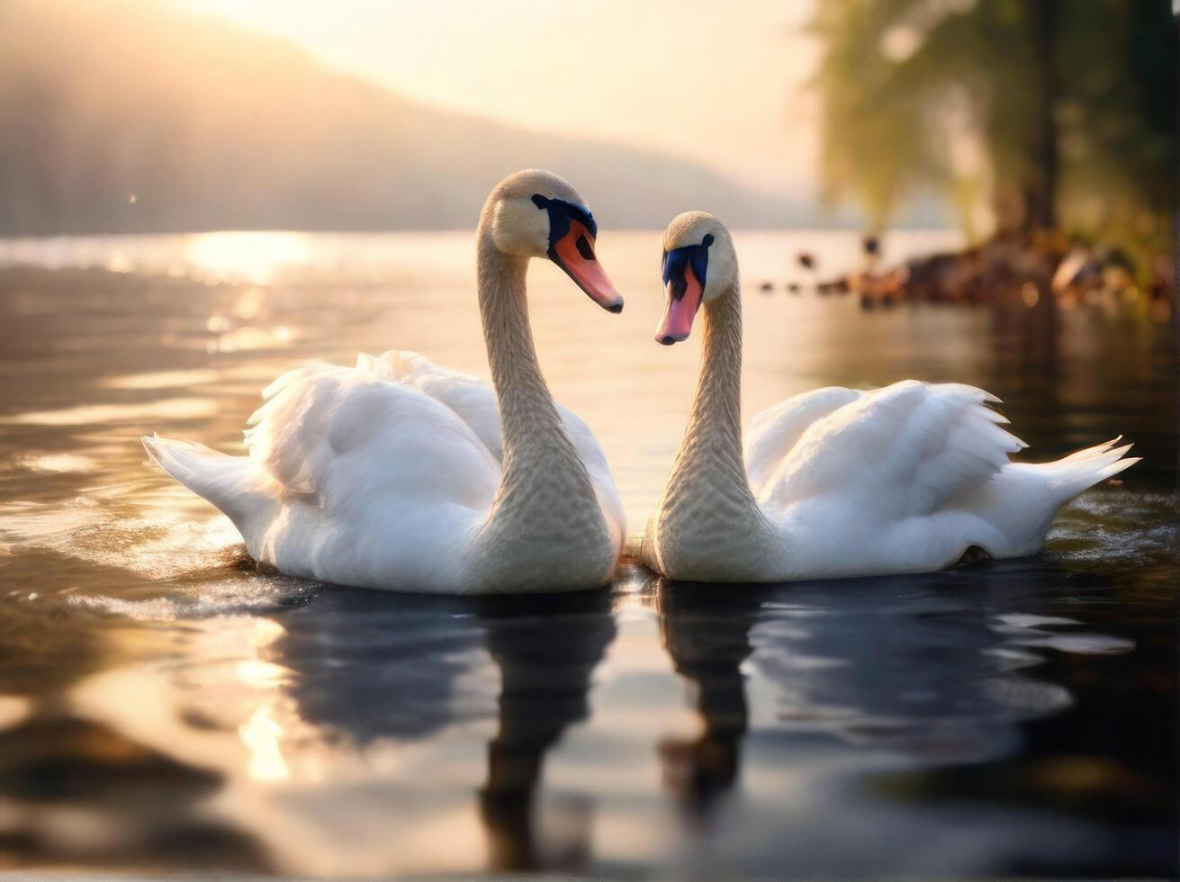 AI generated beautiful swan swim on lake in the morning photo