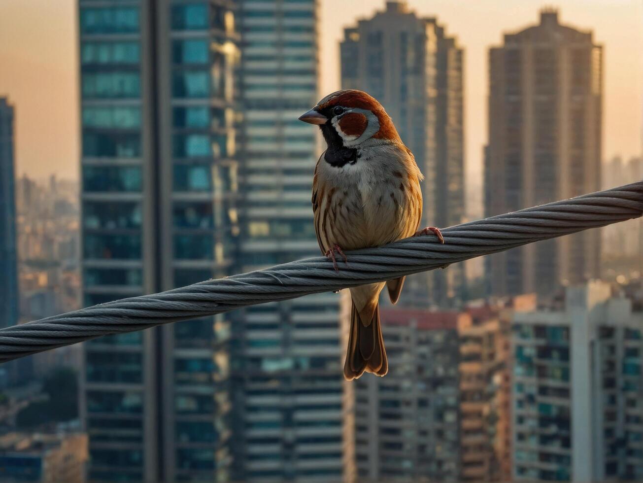 AI generated sparrow bird standing on a thin electric wire photo