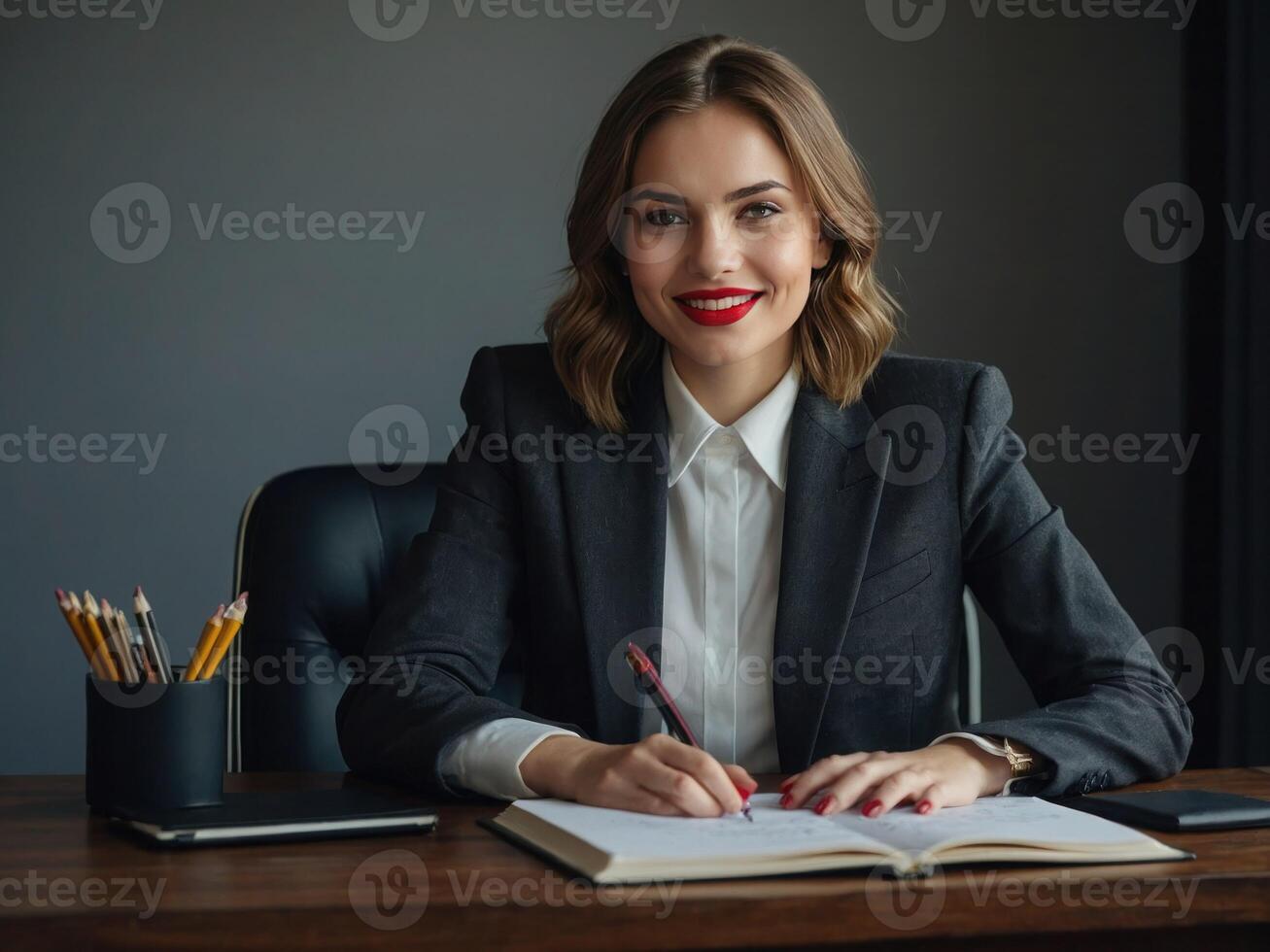 AI generated Young happy businesswoman using note on table in the office photo