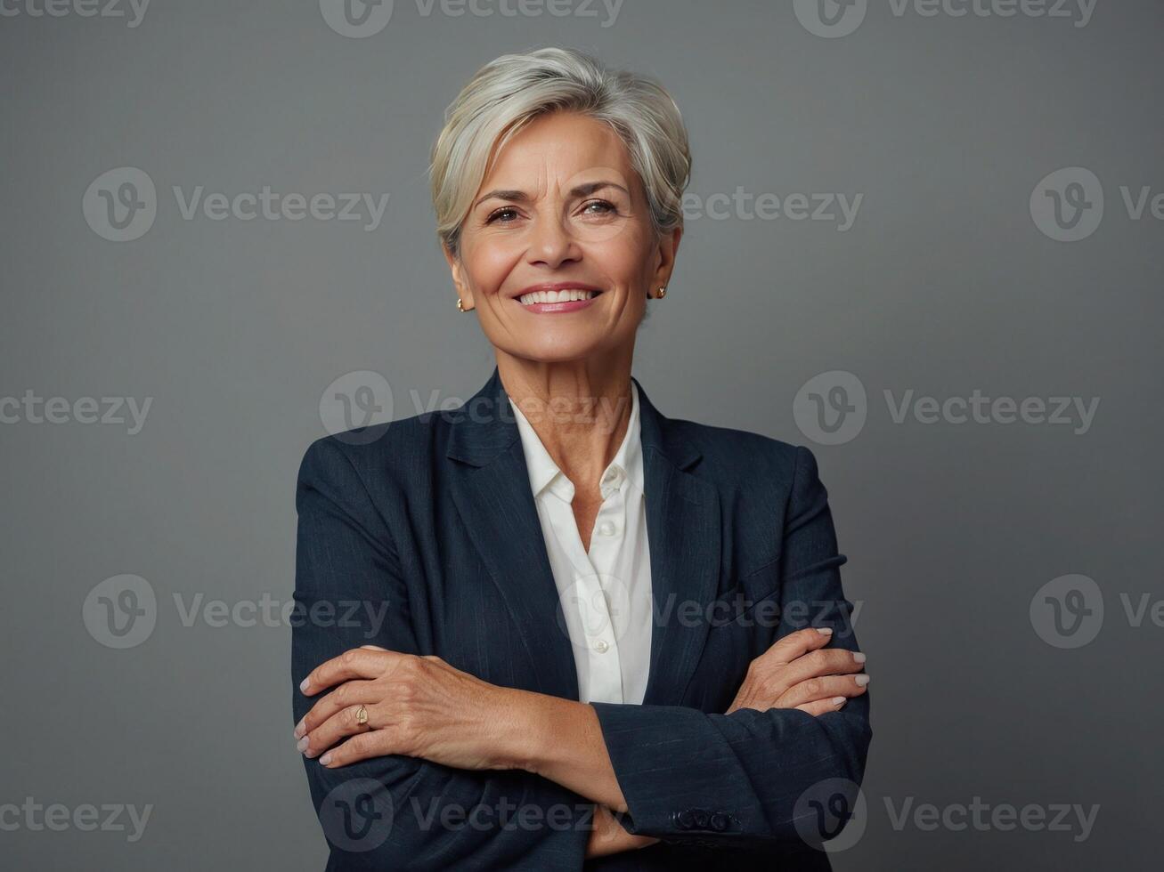 AI generated Beautiful middle age senior business woman over isolated background with crossed arms photo