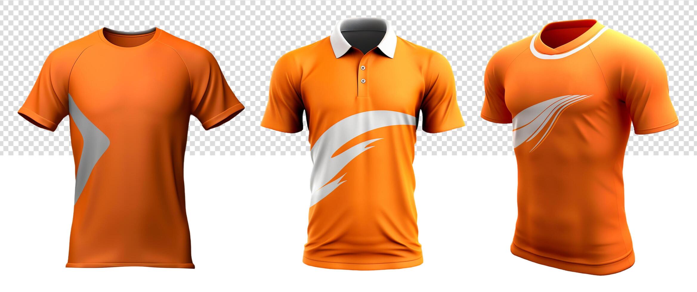 AI generated set of orange sports t-shirt template mockup front view with white abstract, generative ai photo