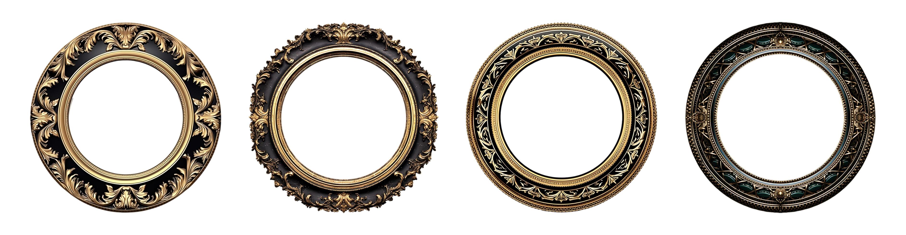 AI generated set of vintage and elegant black gold round frame elements, generative ai photo