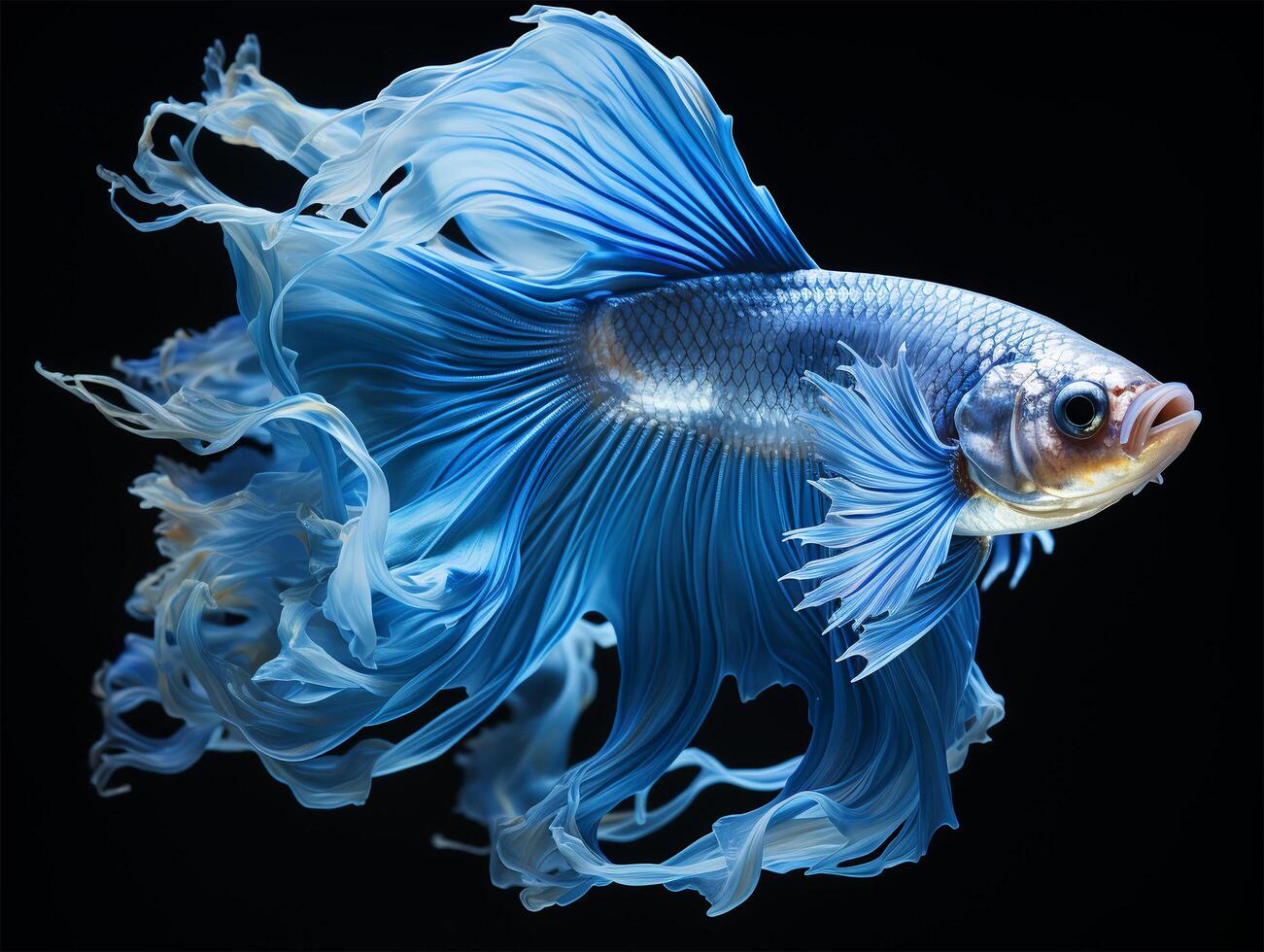 AI generated portrait of blue betta fish on black background, generative ai photo