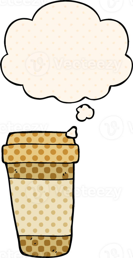 cartoon coffee cup with thought bubble in comic book style png