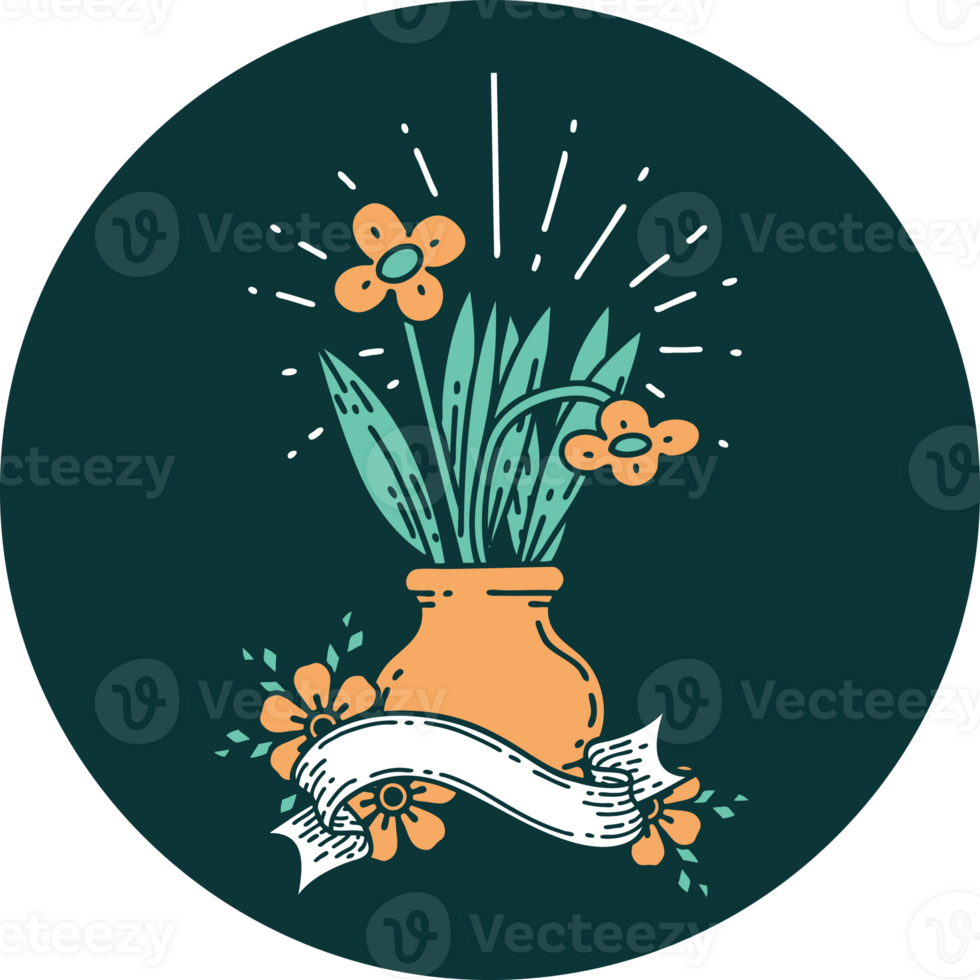 icon of a tattoo style flowers in vase png