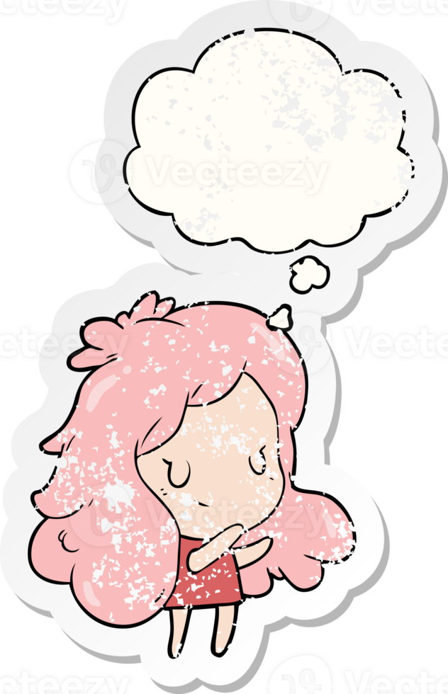 cartoon girl with thought bubble as a distressed worn sticker png