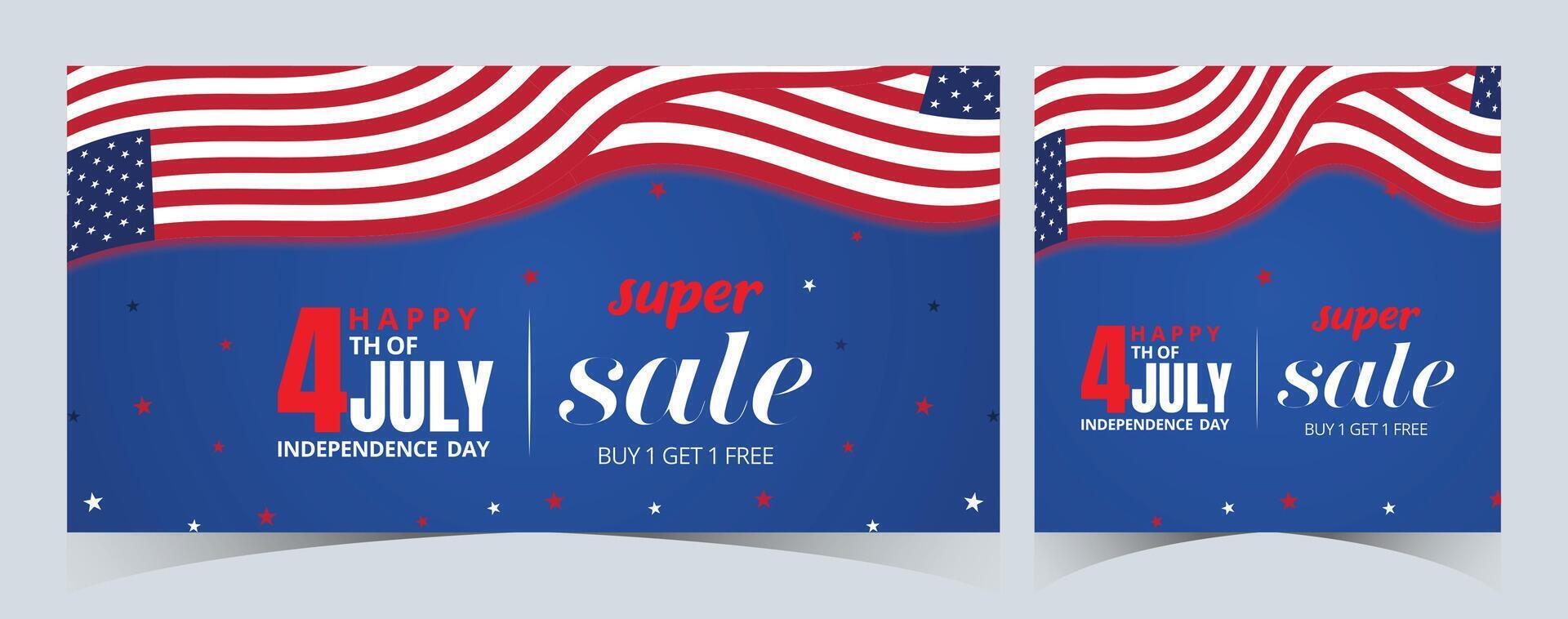 Set of Happy 4th of July. Fourth July Independence Day USA. Independence Day sale web banner. Independence Day USA social media promotion template. greeting card, poster with United States flag vector
