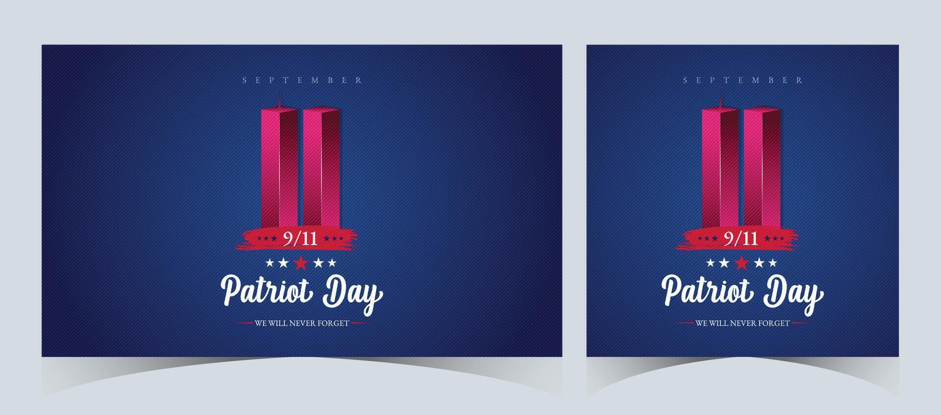 Set of Remembering September 9 11. Patriot Day. September 11. Never Forget USA 9 11. Twin Towers On American Flag. World Trade Center Nine Eleven. Vector Design Template in Red, White, And Blue Colour