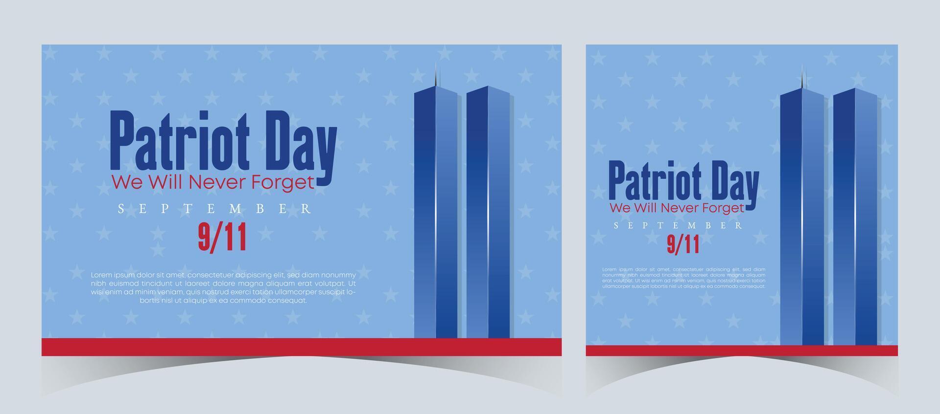 Set of Remembering September 9 11. Patriot Day. September 11. Never Forget USA 9 11. Twin Towers On American Flag. World Trade Center Nine Eleven. Vector Design Template in Red, White, And Blue Colour