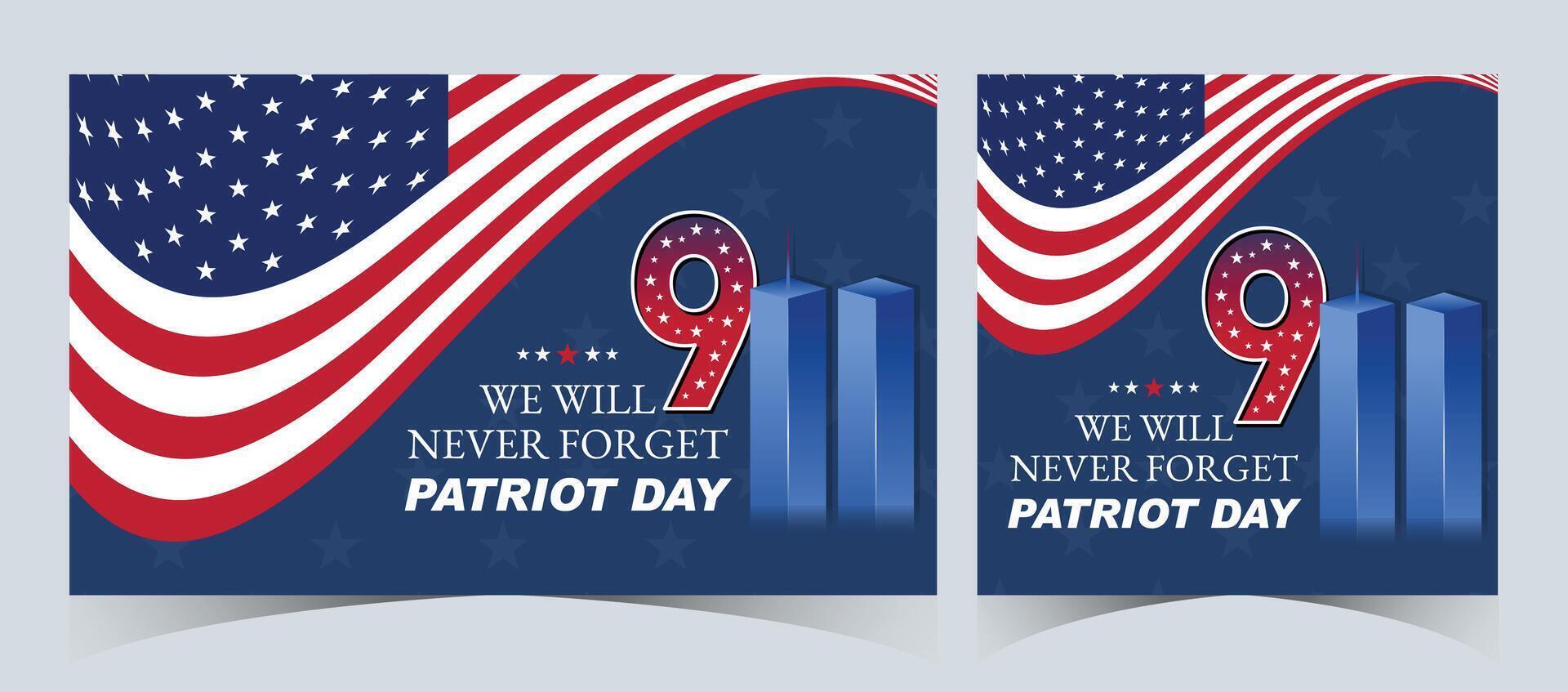 Set of Remembering September 9 11. Patriot Day. September 11. Never Forget USA 9 11. Twin Towers On American Flag. World Trade Center Nine Eleven. Vector Design Template in Red, White, And Blue Colour