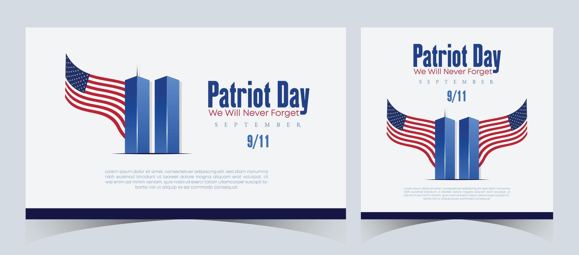 Set of Remembering September 9 11. Patriot Day. September 11. Never Forget USA 9 11. Twin Towers On American Flag. World Trade Center Nine Eleven. Vector Design Template in Red, White, And Blue Colour