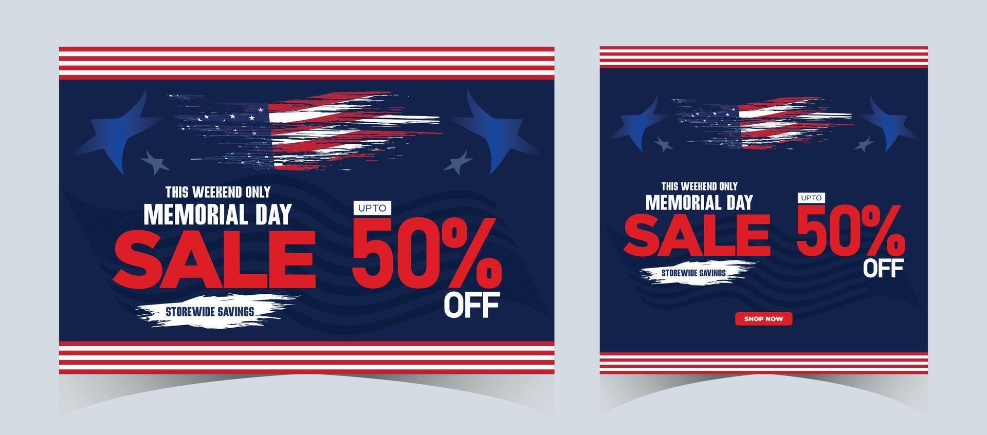 Set of memorial day sale web banner. Happy memorial day holiday sale post. Memorial day weekend sale banner. Memorial Day social media promotion template design in USA national flag colors vector