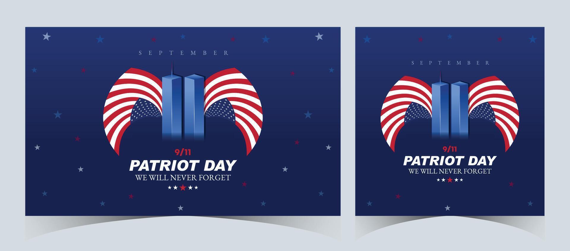 Set of Remembering September 9 11. Patriot Day. September 11. Never Forget USA 9 11. Twin Towers On American Flag. World Trade Center Nine Eleven. Vector Design Template in Red, White, And Blue Colour