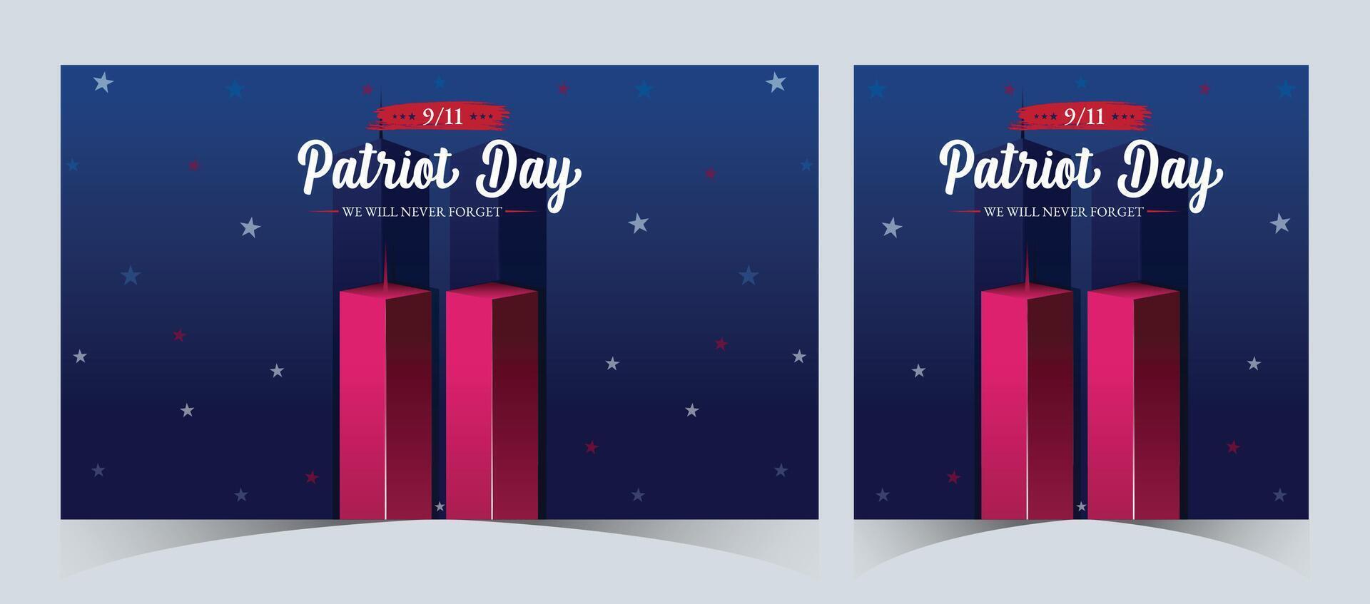 Set of Remembering September 9 11. Patriot Day. September 11. Never Forget USA 9 11. Twin Towers On American Flag. World Trade Center Nine Eleven. Vector Design Template in Red, White, And Blue Colour